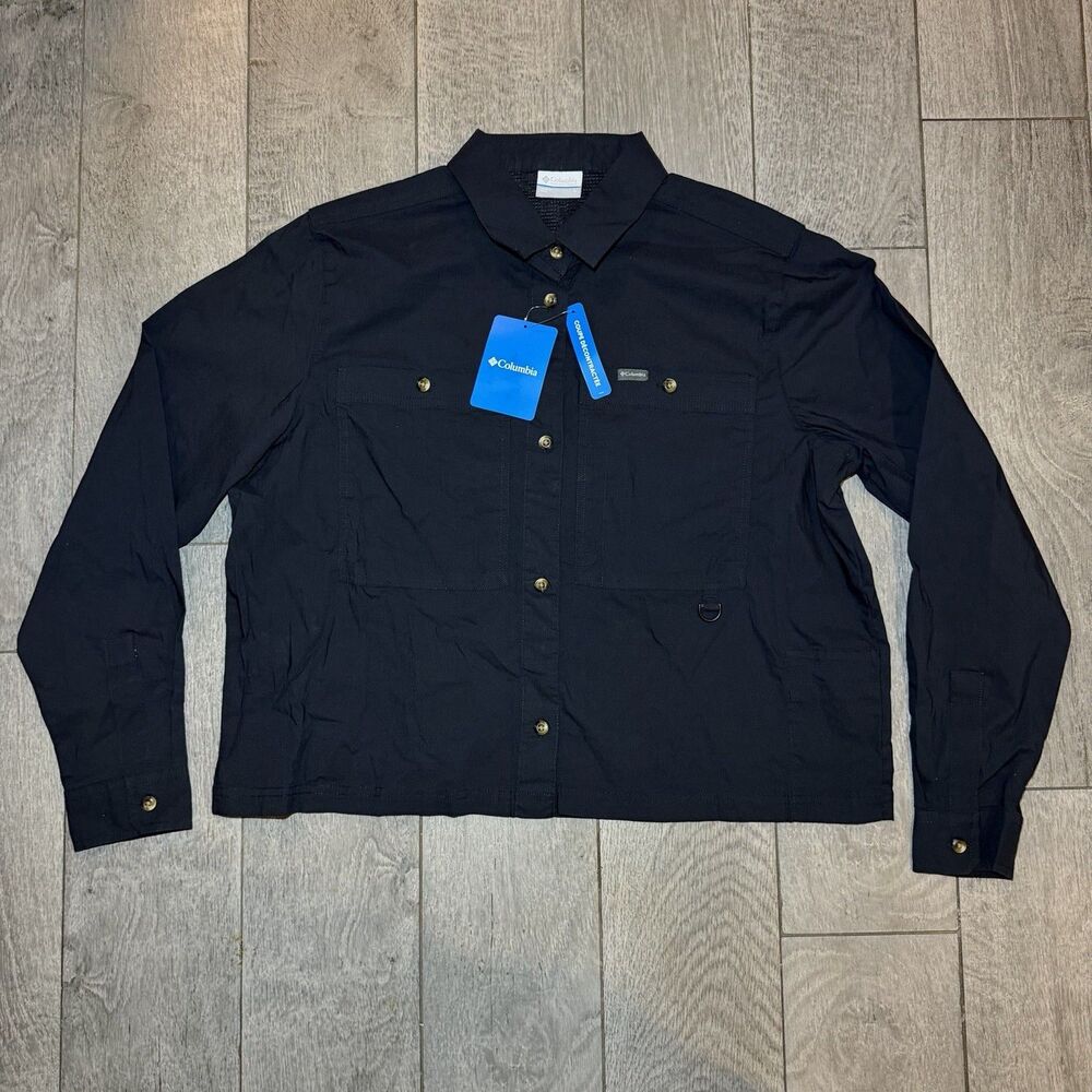 NWT WOMEN'S COLUMBIA BLACK L BREA FALLS WOVEN FISHING SHIRT SZ L Relaxed Fit